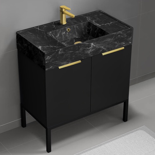 Bathroom Vanity Modern Black Bathroom Vanity, 32 Inch, Black Marble Style Sink, Gold Handles, Free Standing Nameeks DERIN994